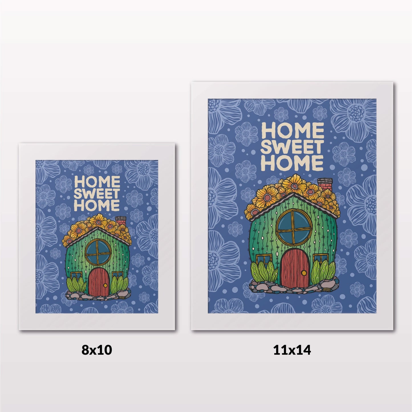 Comparing 8x10 and 11x14 framed art prints on a white wall