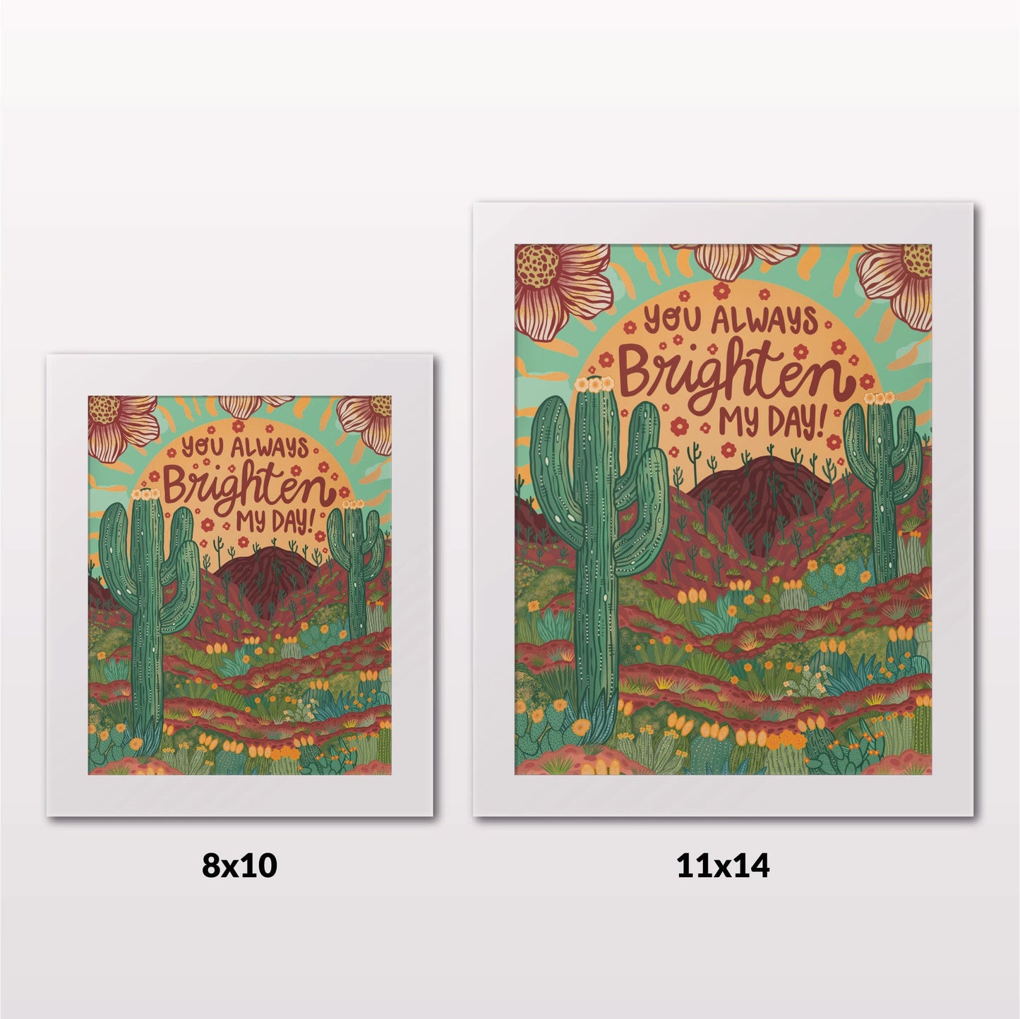 Comparing 8x10 and 11x14 framed art prints on a white wall