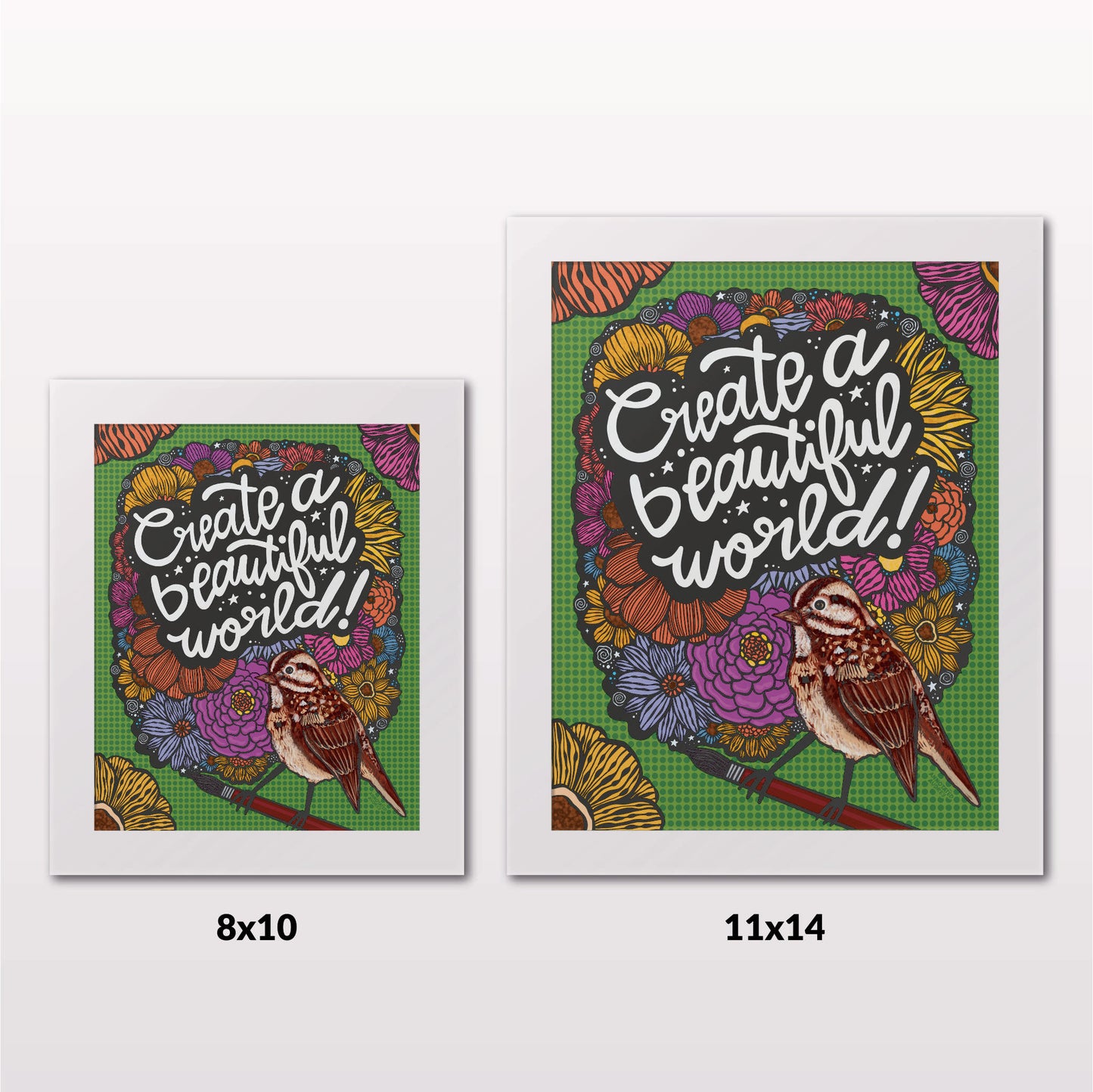 Comparing 8x10 and 11x14 framed art prints on a white wall