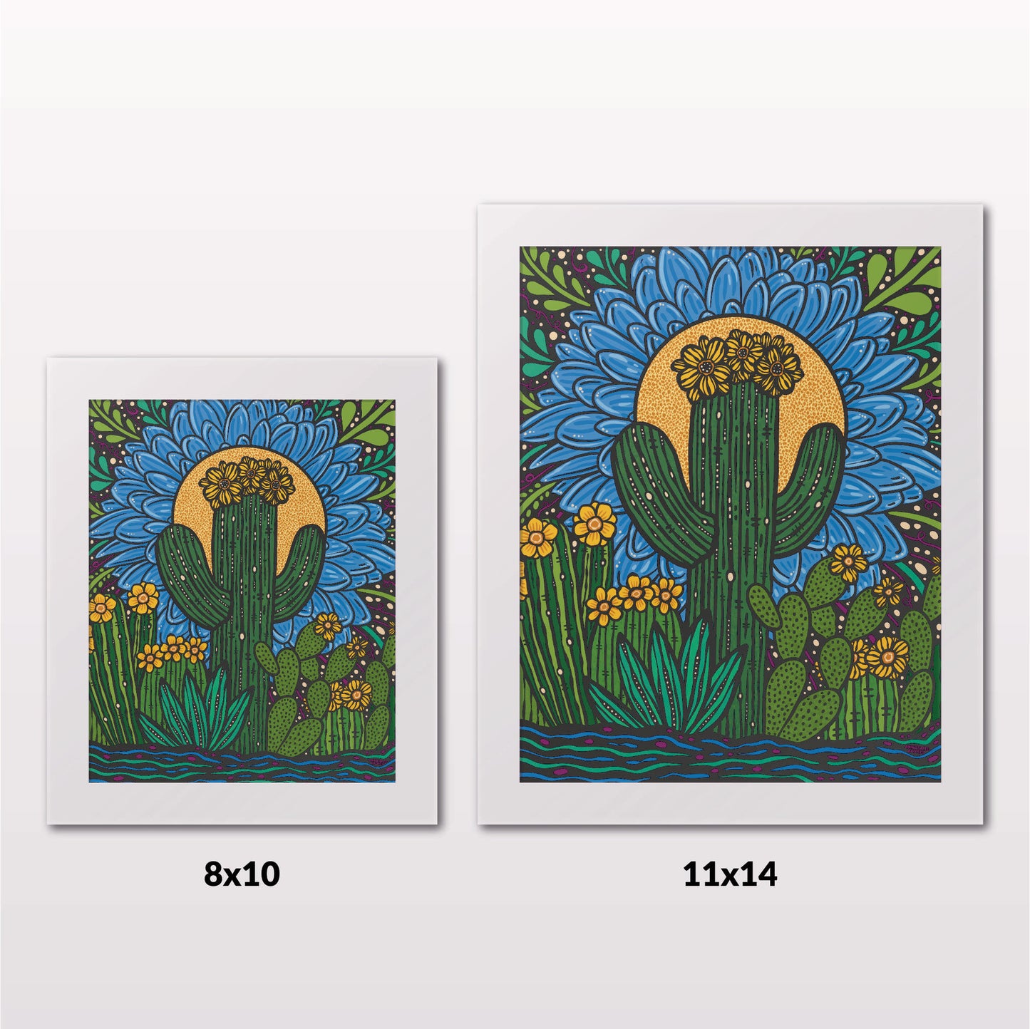 Comparing 8x10 and 11x14 framed art prints on a white wall