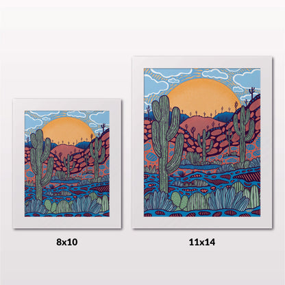 Comparing 8x10 and 11x14 framed art prints on a white wall