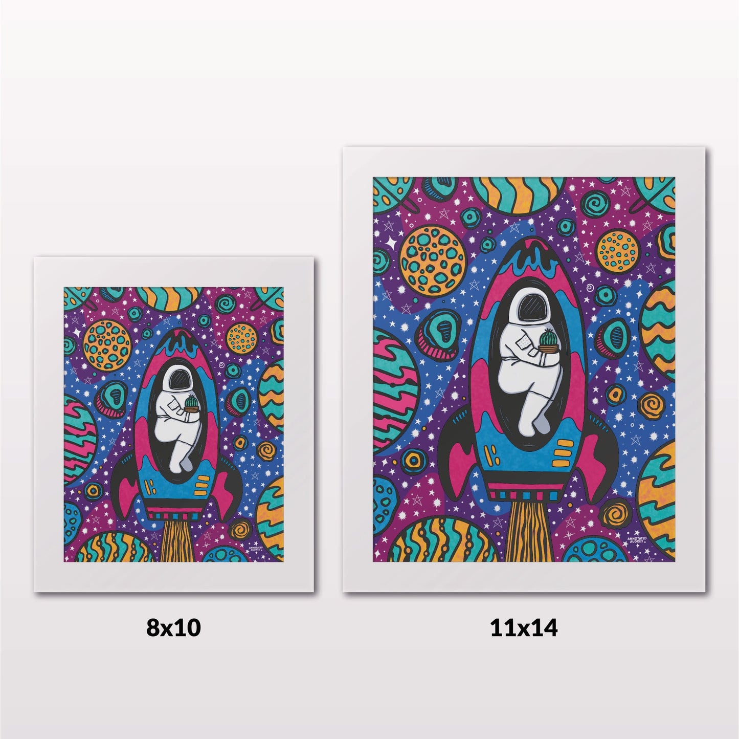 Comparing 8x10 and 11x14 framed art prints on a white wall