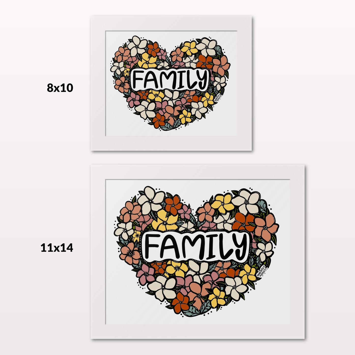 Comparing 8x10 and 11x14 framed art prints on a white wall