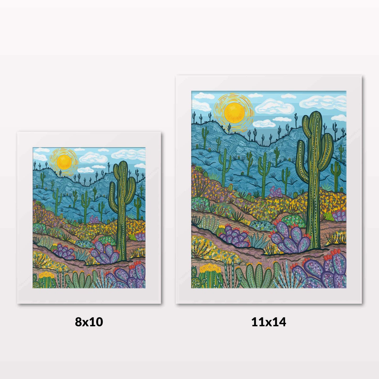 Comparing 8x10 and 11x14 framed art prints on a white wall