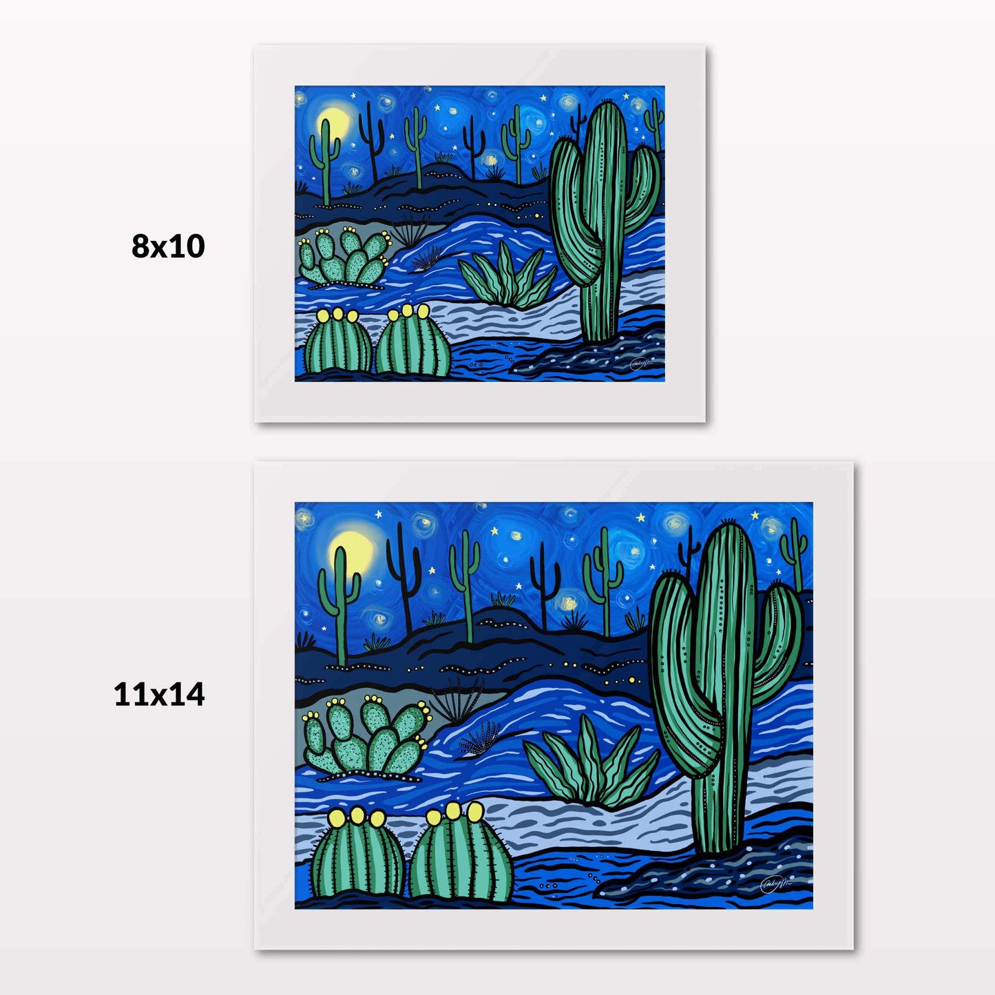 Comparing 8x10 and 11x14 framed art prints on a white wall