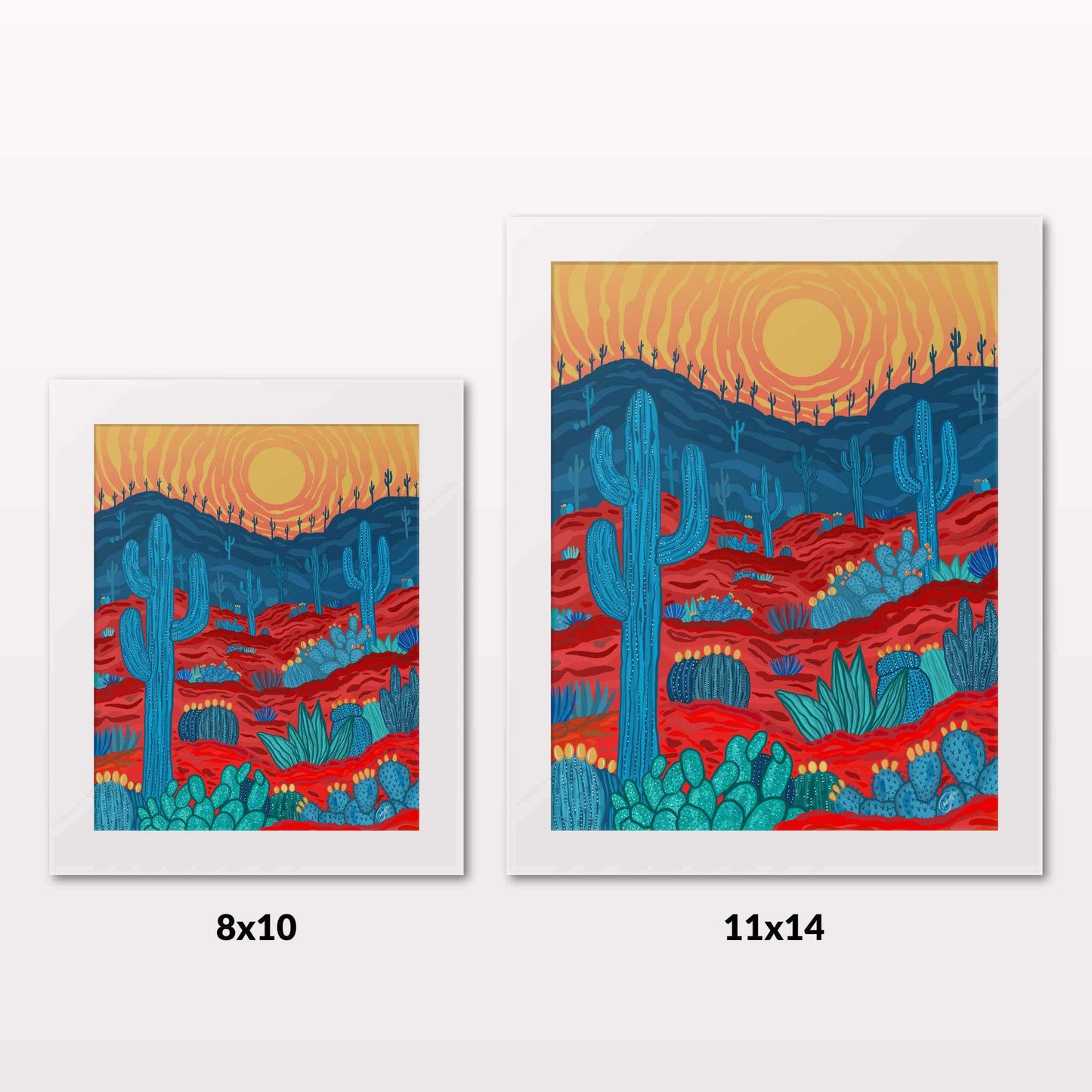 Comparing 8x10 and 11x14 framed art prints on a white wall