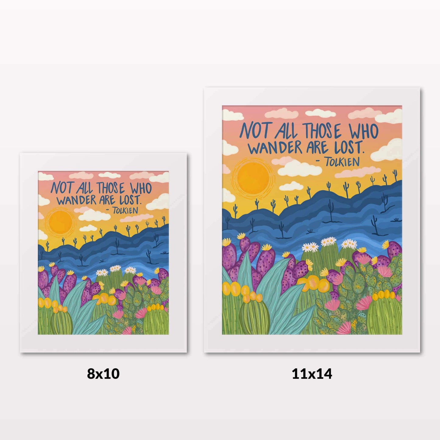 Comparing 8x10 and 11x14 framed art prints on a white wall