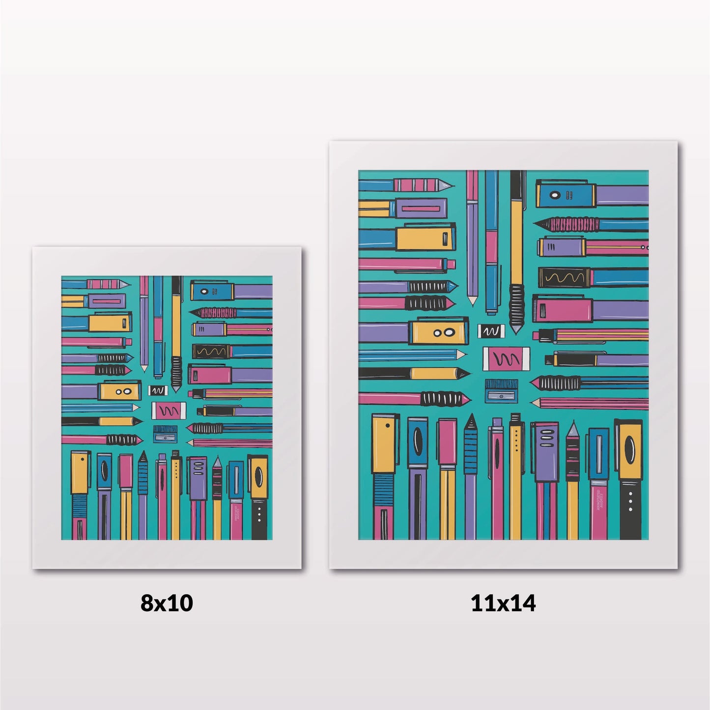Comparing 8x10 and 11x14 framed art prints on a white wall