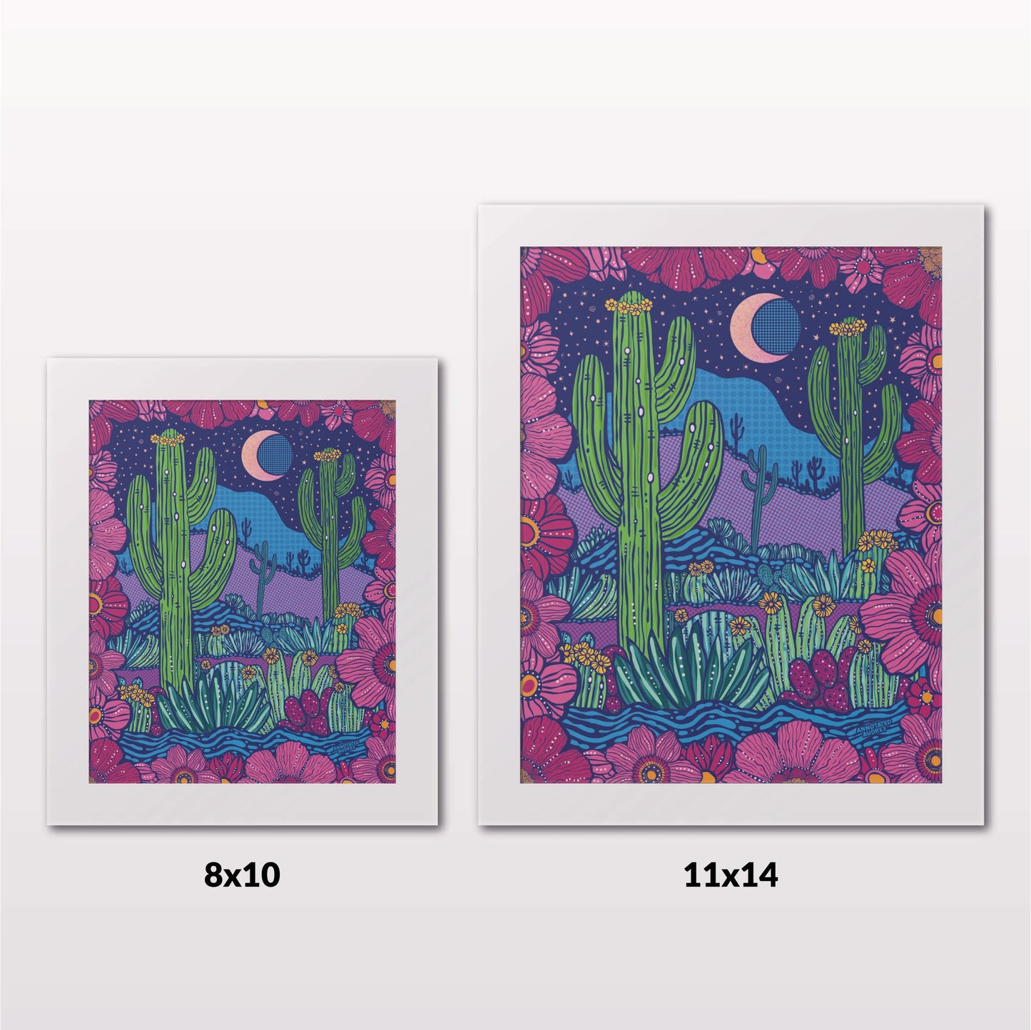 Comparing 8x10 and 11x14 framed art prints on a white wall