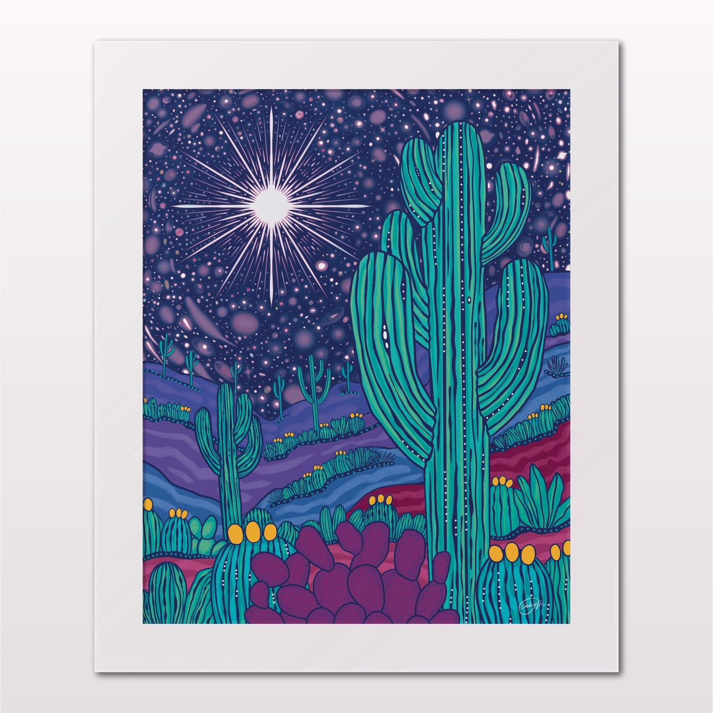 Art print in white frame on white wall