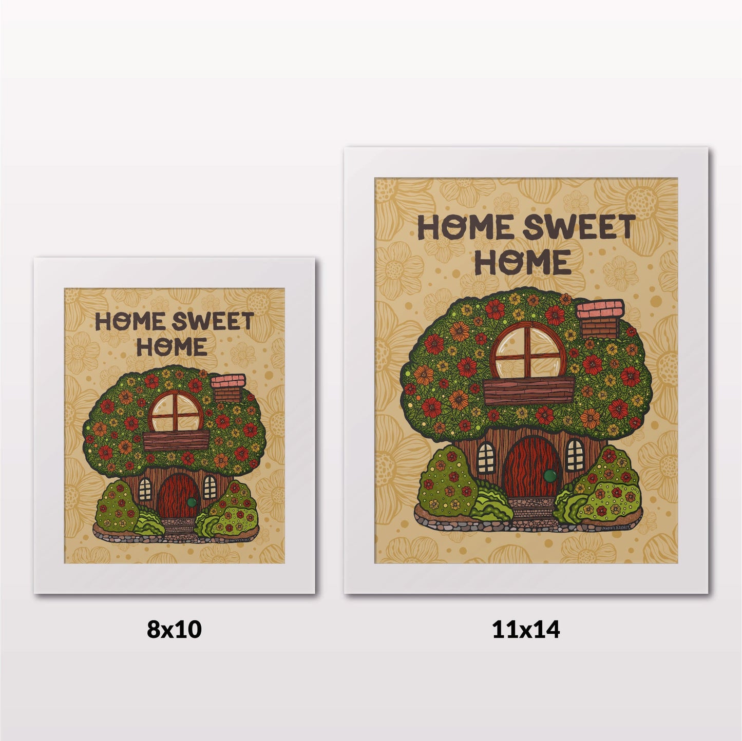 Comparing 8x10 and 11x14 framed art prints on a white wall