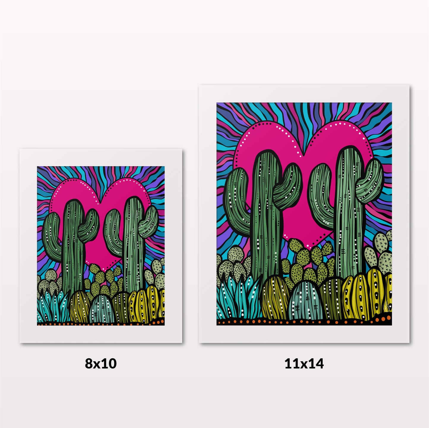 Comparing 8x10 and 11x14 framed art prints on a white wall