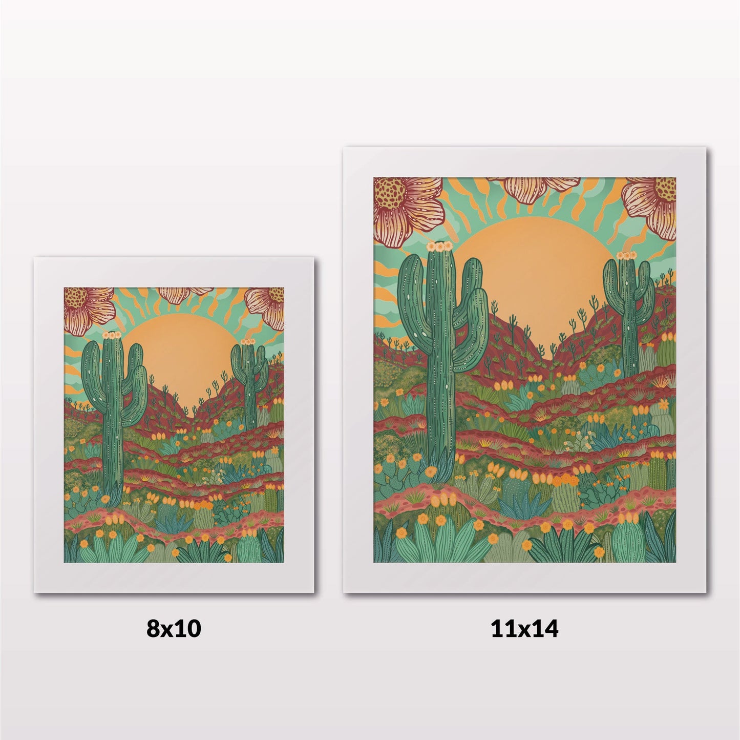 Comparing 8x10 and 11x14 framed art prints on a white wall