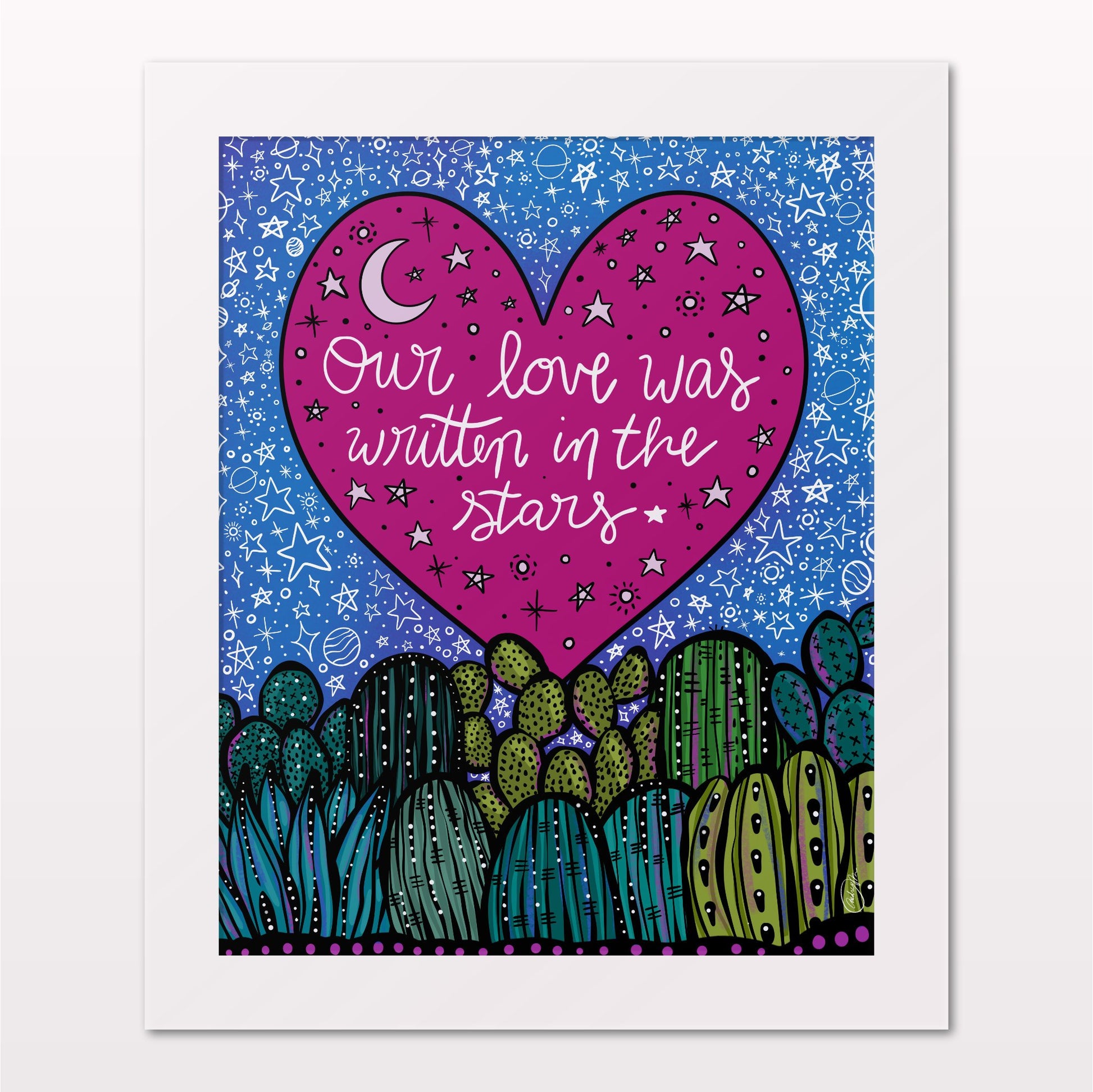 Art print in white frame on white wall