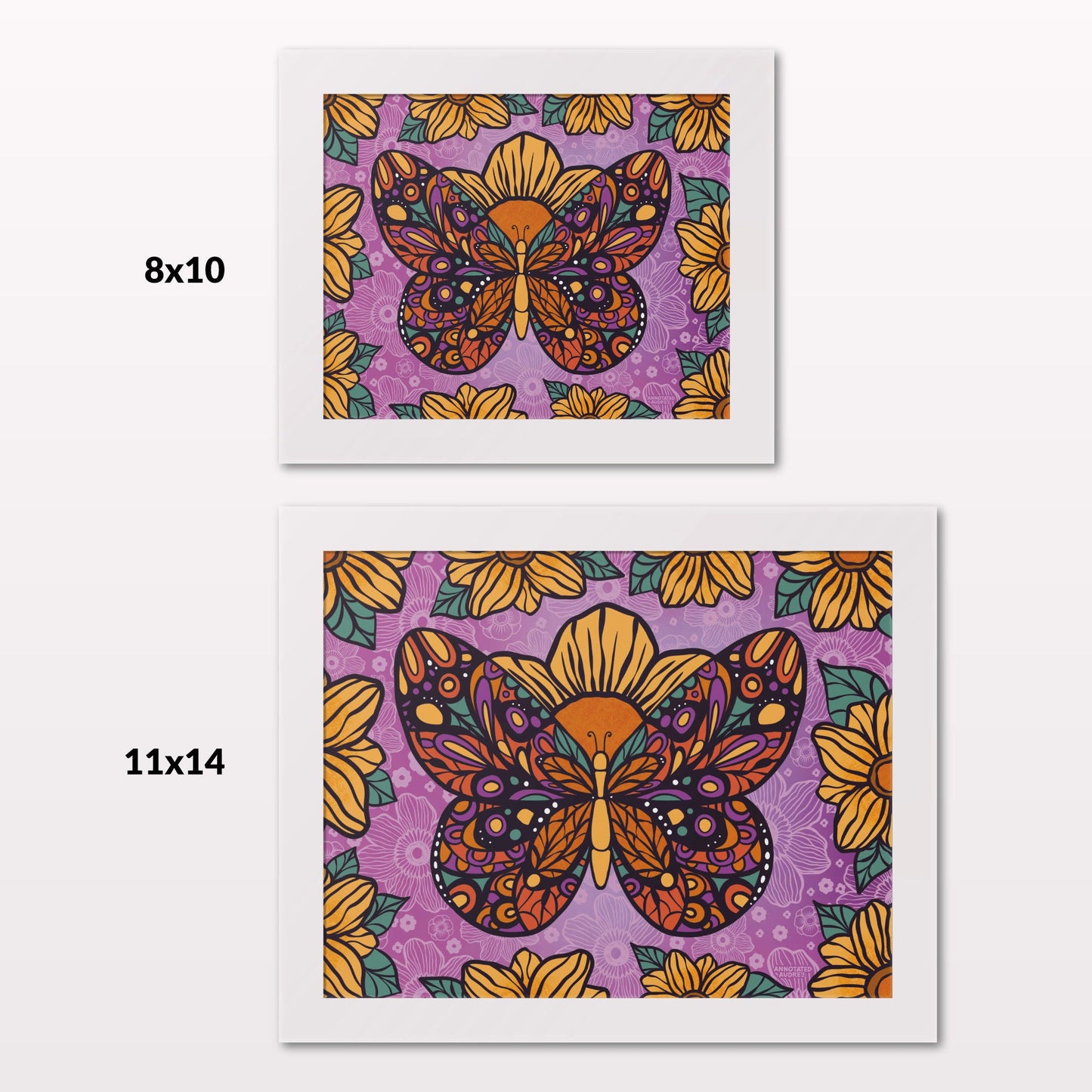 Comparing 8x10 and 11x14 framed art prints on a white wall
