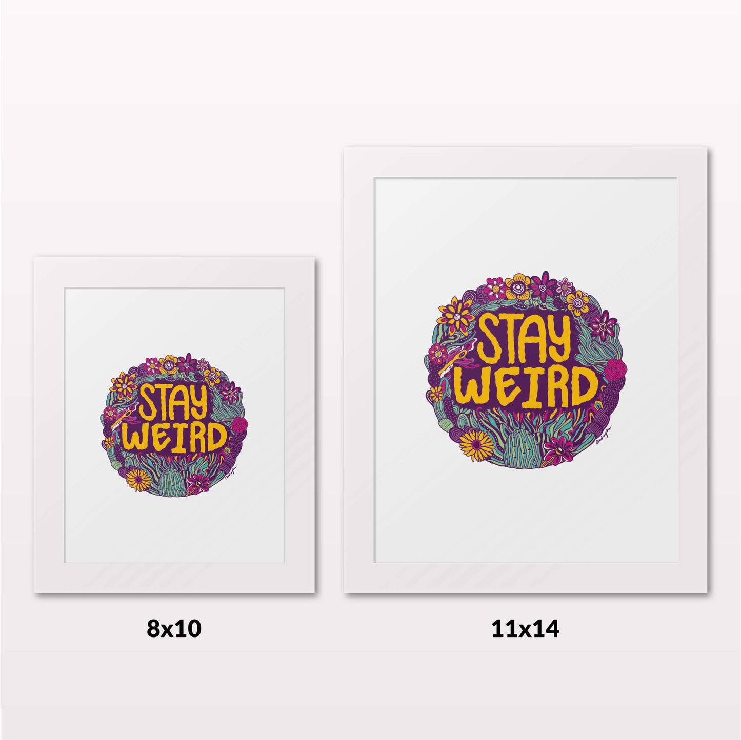 Comparing 8x10 and 11x14 framed art prints on a white wall